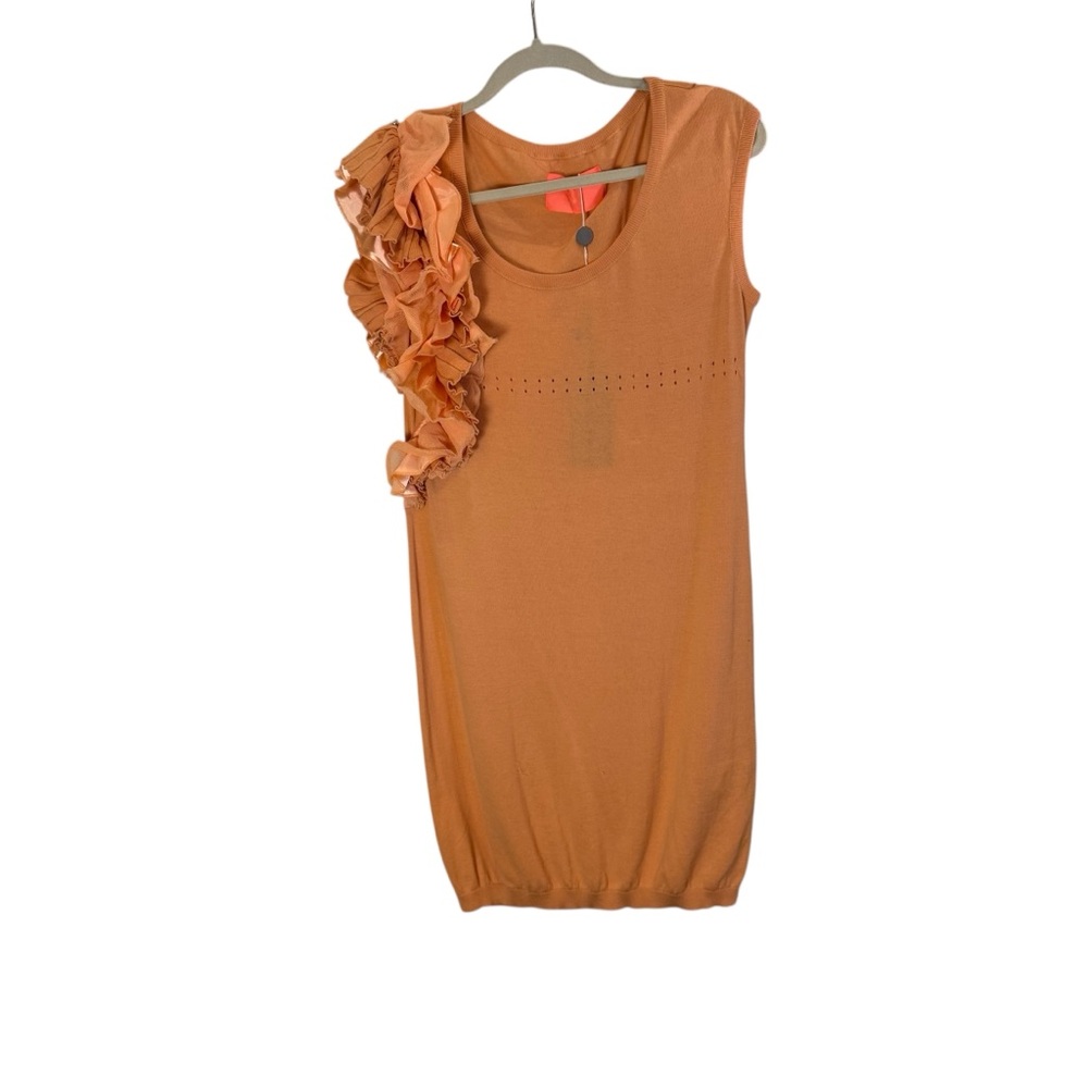 Betty Blue Soft Coral Asymmetrical Ruffled Shoulder Light Knit Mini Dress sz 10